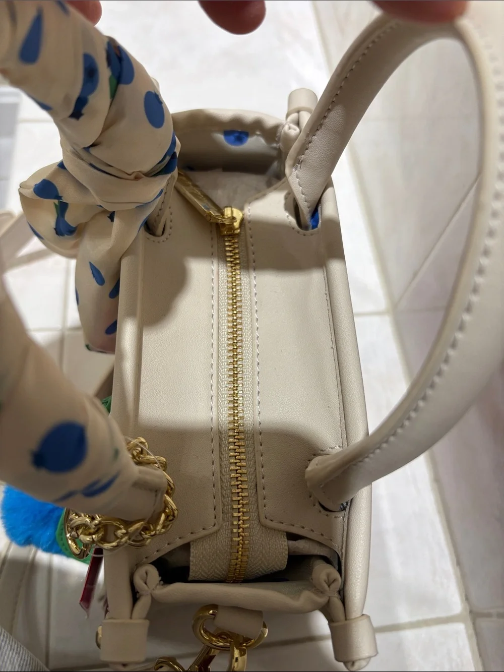 Betsey Johnson Cream and Red Striped Top-Handle Satchel with Blueberry Pom Charm